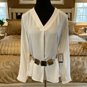 NINE WEST V Neck 100% Polyester Pullover Blouse Long Sleeved Ivory Size S NWT